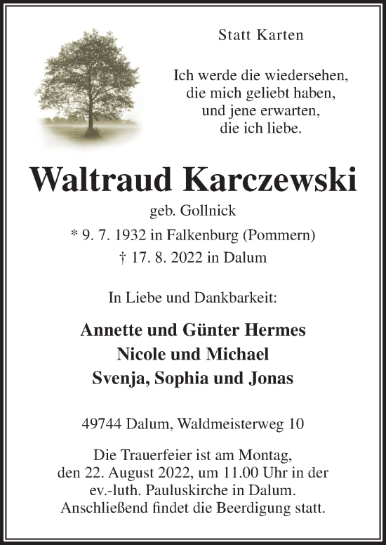 Traueranzeige von Waltraud Karczewski von Neue Osnabrücker Zeitung GmbH & Co. KG