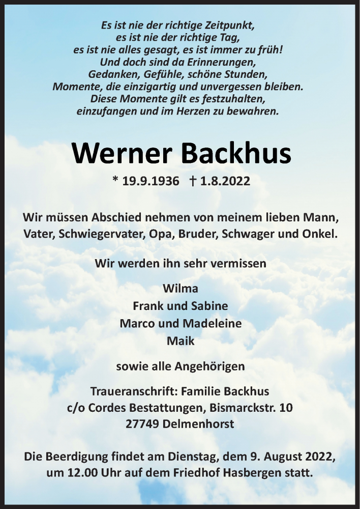  Traueranzeige für Werner Backhus vom 04.08.2022 aus DK Medien GmbH & Co. KG