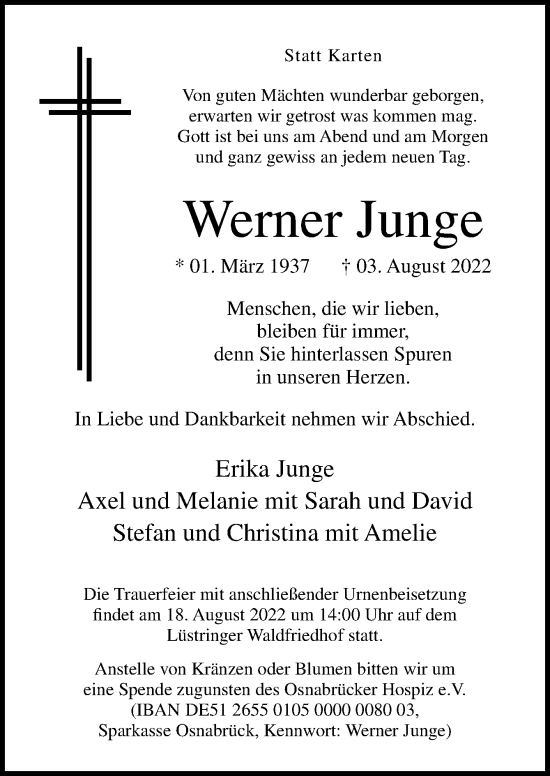 Traueranzeige von Werner Junge von Neue Osnabrücker Zeitung GmbH & Co. KG