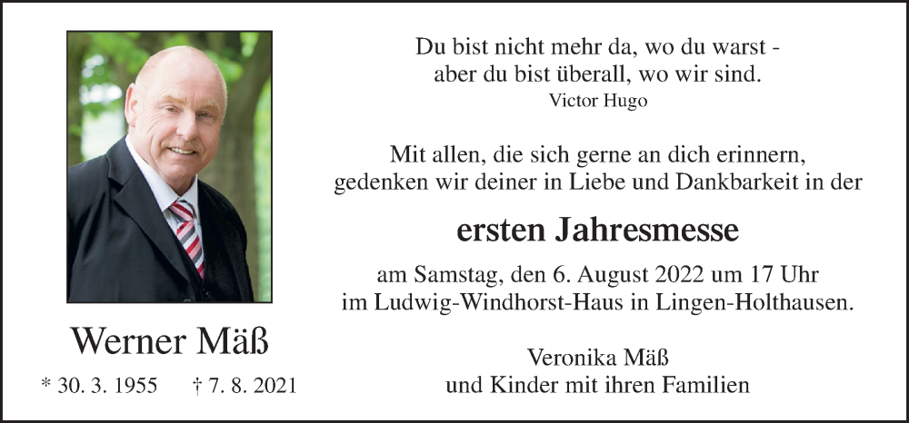  Traueranzeige für Werner Mäß vom 03.08.2022 aus Neue Osnabrücker Zeitung GmbH & Co. KG
