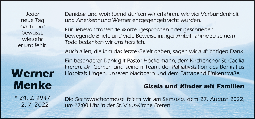  Traueranzeige für Werner Menke vom 24.08.2022 aus Neue Osnabrücker Zeitung GmbH & Co. KG