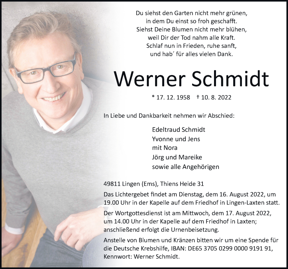  Traueranzeige für Werner Schmidt vom 13.08.2022 aus Neue Osnabrücker Zeitung GmbH & Co. KG