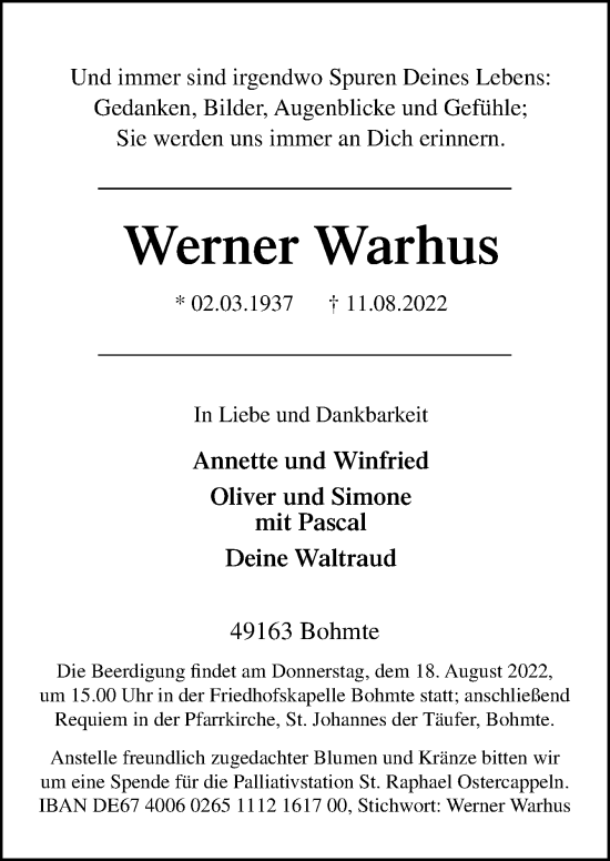 Traueranzeige von Werner Warhus von Neue Osnabrücker Zeitung GmbH &amp; Co. KG