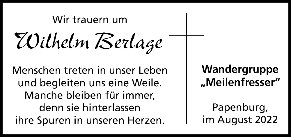  Traueranzeige für Wilhelm Berlage vom 09.08.2022 aus Neue Osnabrücker Zeitung GmbH & Co. KG