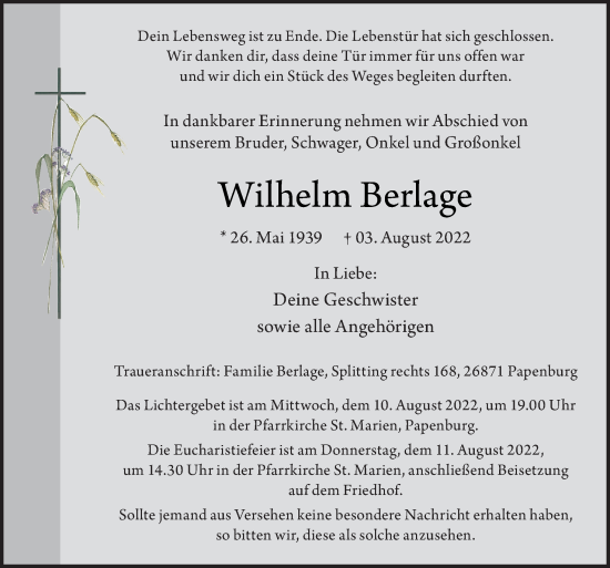 Traueranzeige von Wilhelm Berlage von Neue Osnabrücker Zeitung GmbH & Co. KG