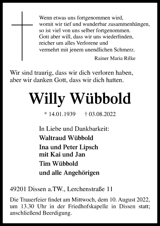 Traueranzeige von Willy Wübbold von Neue Osnabrücker Zeitung GmbH & Co. KG