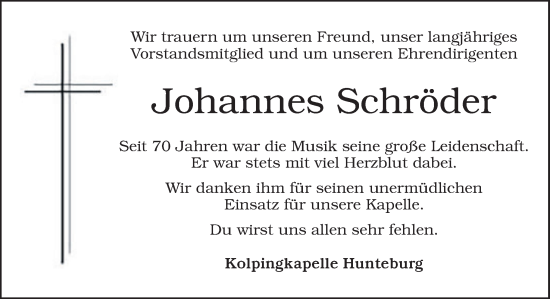 Traueranzeige von Johannes Schröder von Neue Osnabrücker Zeitung GmbH & Co. KG