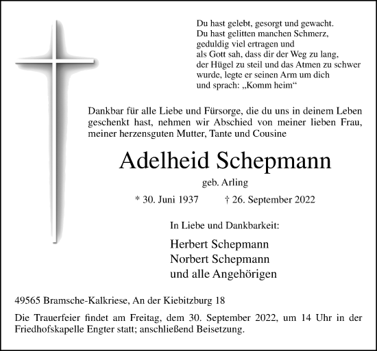 Traueranzeige von Adelheid Schepmann von Neue Osnabrücker Zeitung GmbH & Co. KG