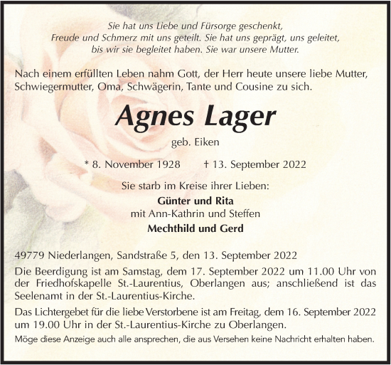 Traueranzeige von Agnes Lager von Neue Osnabrücker Zeitung GmbH & Co. KG