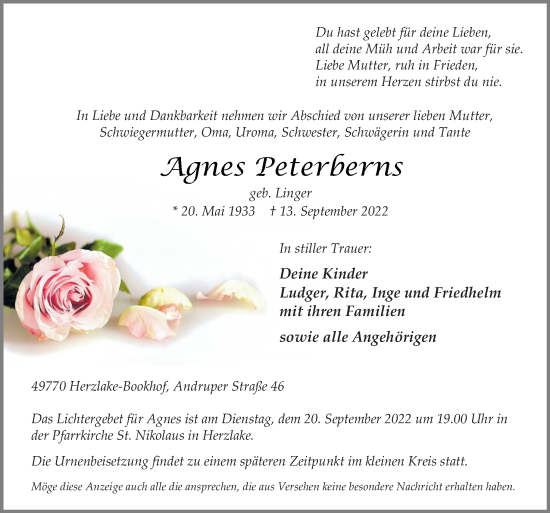 Traueranzeige von Agnes Peterberns von Neue Osnabrücker Zeitung GmbH & Co. KG