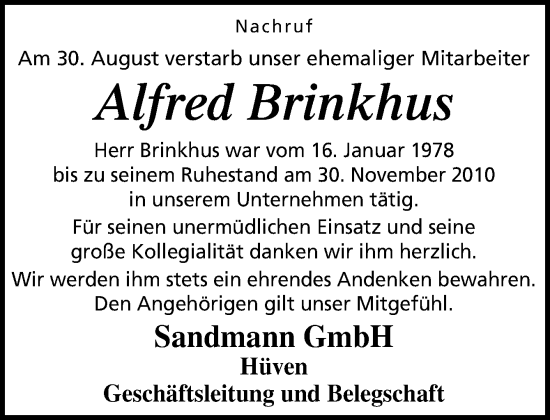 Traueranzeige von Alfred Brinkhus von Neue Osnabrücker Zeitung GmbH & Co. KG