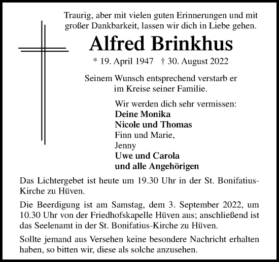 Traueranzeige von Alfred Brinkhus von Neue Osnabrücker Zeitung GmbH & Co. KG