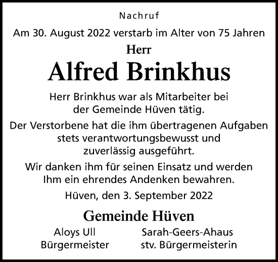 Traueranzeige von Alfred Brinkhus von Neue Osnabrücker Zeitung GmbH & Co. KG