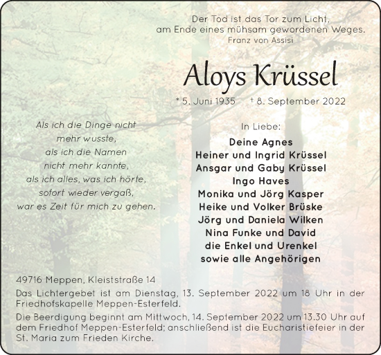 Traueranzeige von Aloys Krüssel von Neue Osnabrücker Zeitung GmbH & Co. KG