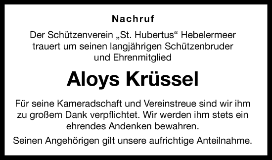 Traueranzeige von Aloys Krüssel von Neue Osnabrücker Zeitung GmbH & Co. KG