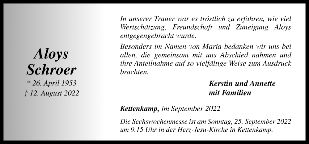  Traueranzeige für Aloys Schroer vom 23.09.2022 aus Neue Osnabrücker Zeitung GmbH & Co. KG