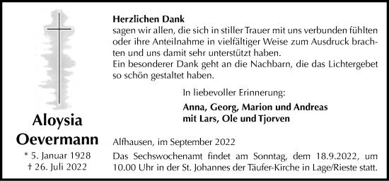 Traueranzeige von Aloysia Oevermann von Neue Osnabrücker Zeitung GmbH & Co. KG