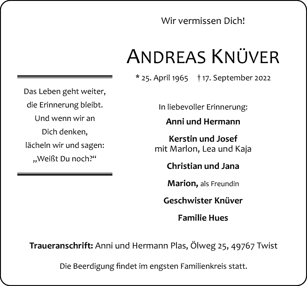  Traueranzeige für Andreas Knüver vom 24.09.2022 aus Neue Osnabrücker Zeitung GmbH & Co. KG