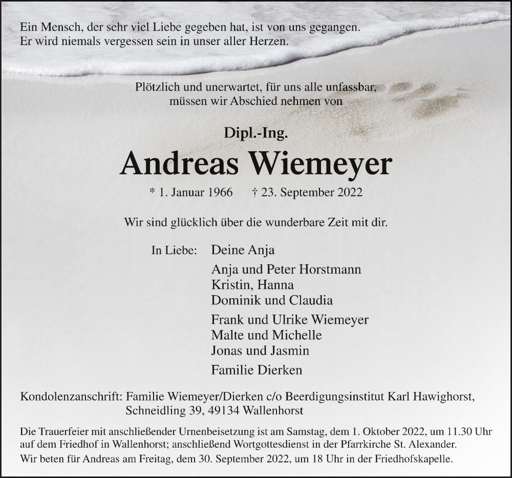  Traueranzeige für Andreas Wiemeyer vom 27.09.2022 aus Neue Osnabrücker Zeitung GmbH & Co. KG