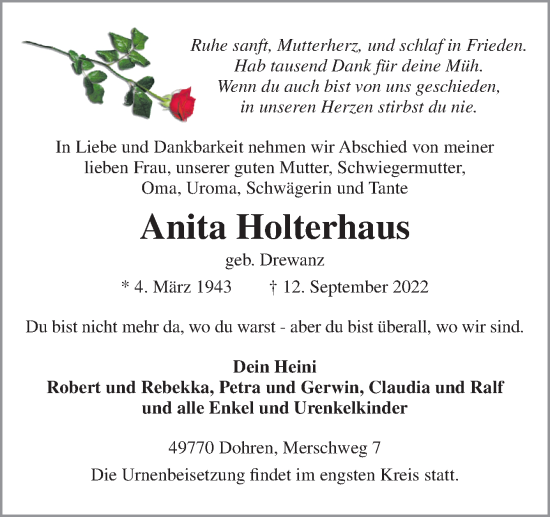 Traueranzeige von Anita Holterhaus von Neue Osnabrücker Zeitung GmbH & Co. KG