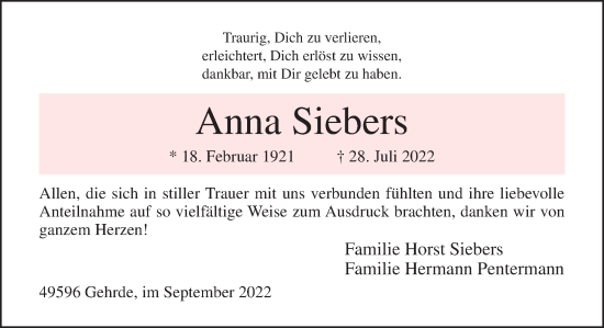 Traueranzeige von Anna Siebers von Neue Osnabrücker Zeitung GmbH & Co. KG