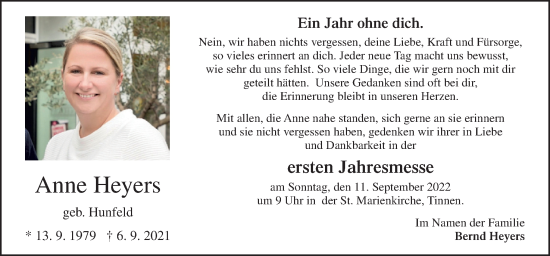 Traueranzeige von Anne Heyers von Neue Osnabrücker Zeitung GmbH & Co. KG