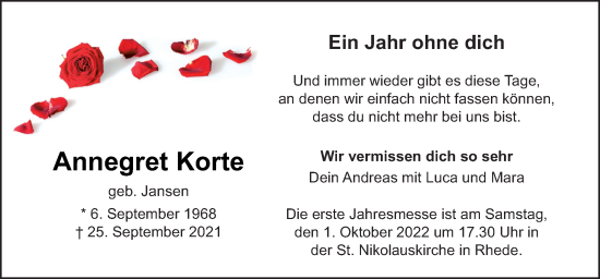 Traueranzeige von Annegret Korte von Neue Osnabrücker Zeitung GmbH & Co. KG