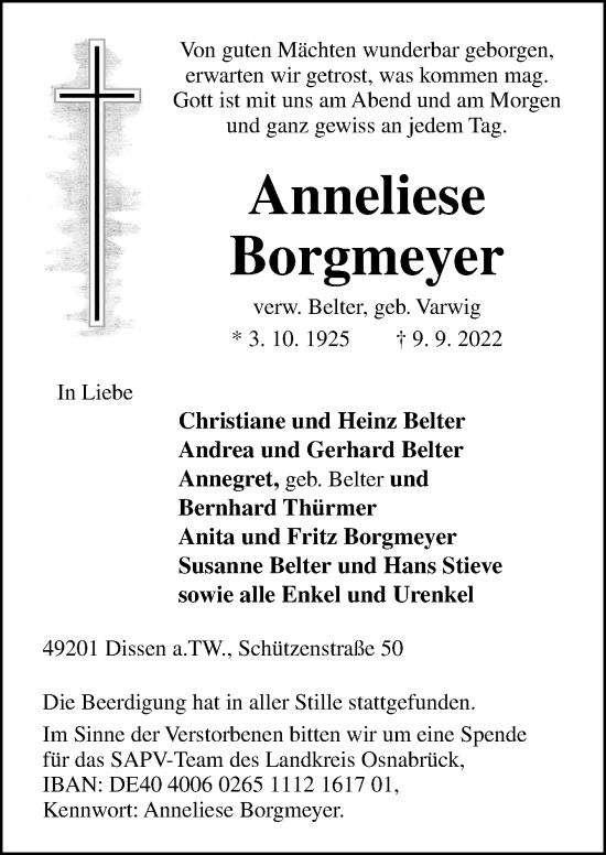 Traueranzeige von Anneliese Borgmeyer von Neue Osnabrücker Zeitung GmbH & Co. KG