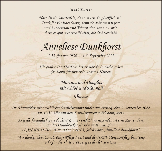 Traueranzeige von Anneliese Dunkhorst von Neue Osnabrücker Zeitung GmbH & Co. KG