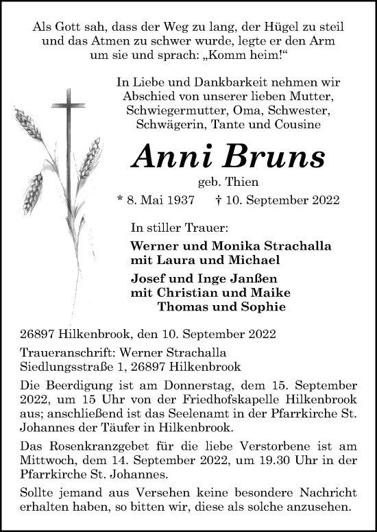 Traueranzeige von Anni Bruns von Neue Osnabrücker Zeitung GmbH & Co. KG