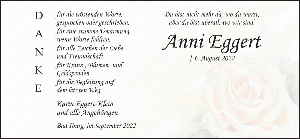  Traueranzeige für Anni Eggert vom 17.09.2022 aus Neue Osnabrücker Zeitung GmbH & Co. KG