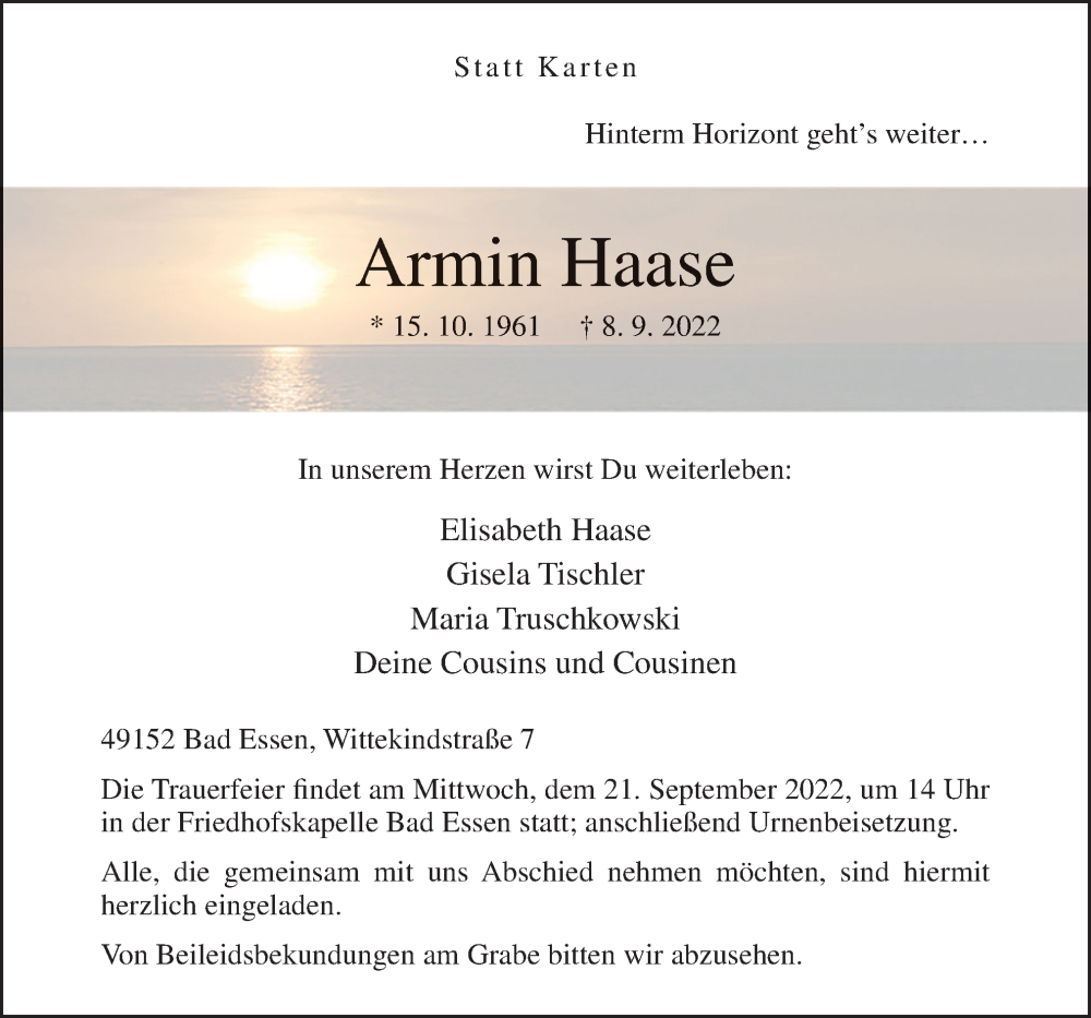  Traueranzeige für Armin Haase vom 17.09.2022 aus Neue Osnabrücker Zeitung GmbH & Co. KG