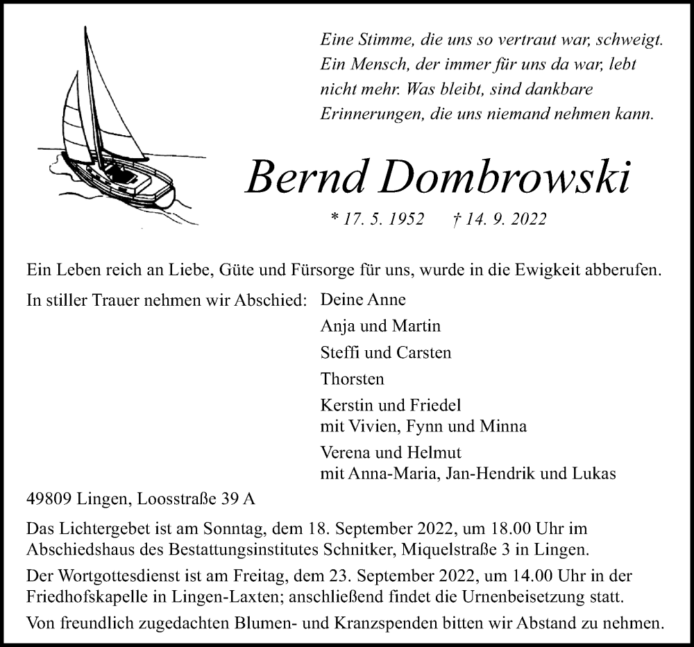  Traueranzeige für Bernd Dombrowski vom 17.09.2022 aus Neue Osnabrücker Zeitung GmbH & Co. KG