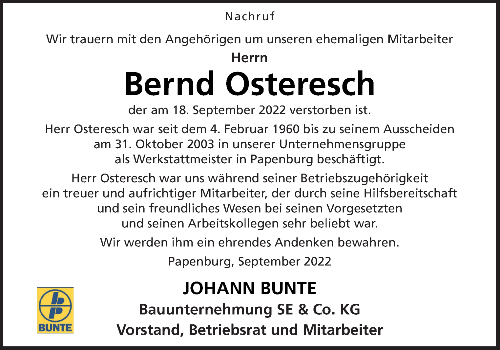 Traueranzeige für Bernd Osteresch vom 22.09.2022 aus Neue Osnabrücker Zeitung GmbH & Co. KG