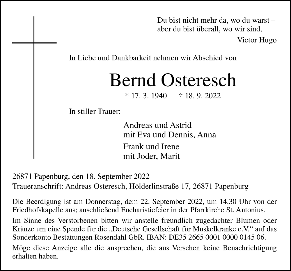  Traueranzeige für Bernd Osteresch vom 20.09.2022 aus Neue Osnabrücker Zeitung GmbH & Co. KG