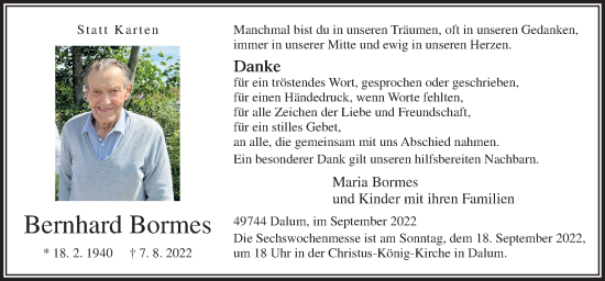 Traueranzeige von Bernhard Bormes von Neue Osnabrücker Zeitung GmbH & Co. KG