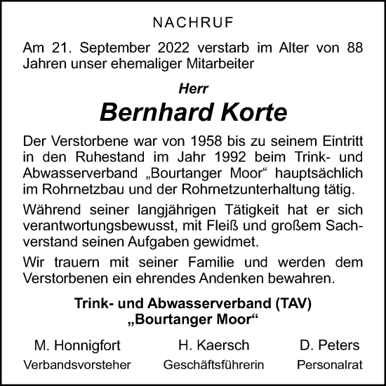 Traueranzeige von Bernhard Korte von Neue Osnabrücker Zeitung GmbH & Co. KG