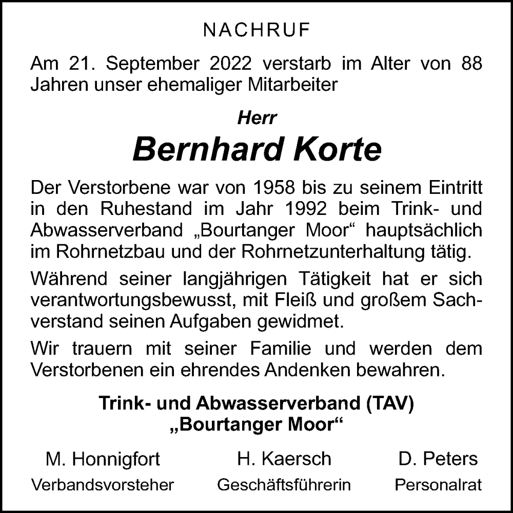  Traueranzeige für Bernhard Korte vom 28.09.2022 aus Neue Osnabrücker Zeitung GmbH & Co. KG