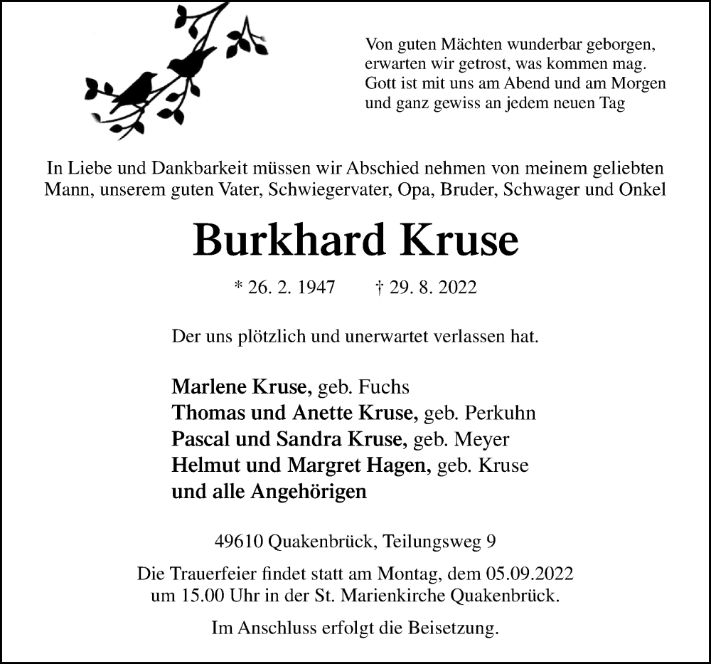  Traueranzeige für Burkhard Kruse vom 02.09.2022 aus Neue Osnabrücker Zeitung GmbH & Co. KG