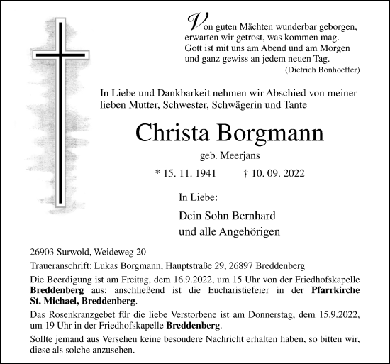 Traueranzeige von Christa Borgmann von Neue Osnabrücker Zeitung GmbH & Co. KG