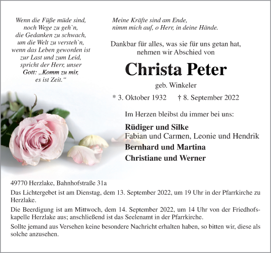 Traueranzeige von Christa Peter von Neue Osnabrücker Zeitung GmbH & Co. KG