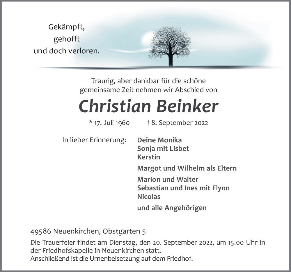  Traueranzeige für Christian Beinker vom 13.09.2022 aus Neue Osnabrücker Zeitung GmbH & Co. KG