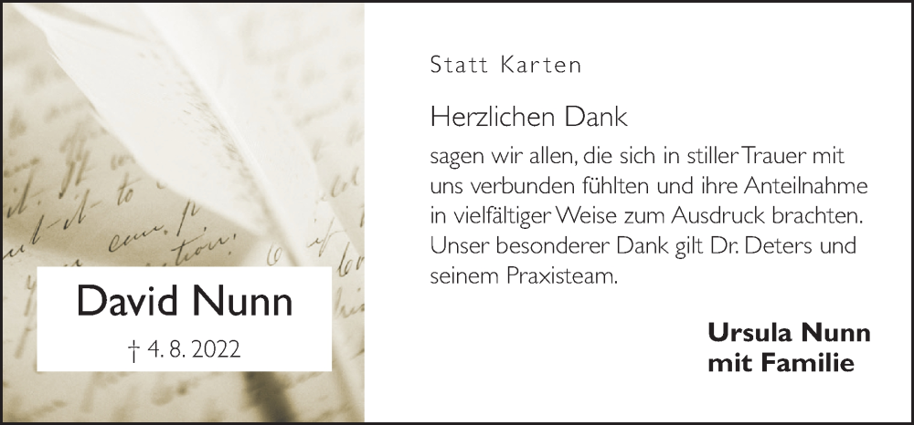  Traueranzeige für David Nunn vom 17.09.2022 aus Neue Osnabrücker Zeitung GmbH & Co. KG