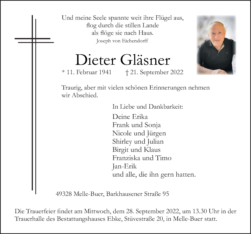  Traueranzeige für Dieter Gläsner vom 24.09.2022 aus Neue Osnabrücker Zeitung GmbH & Co. KG