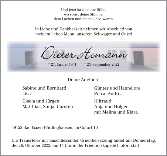 Traueranzeige von Dieter Homann von Neue Osnabrücker Zeitung GmbH & Co. KG