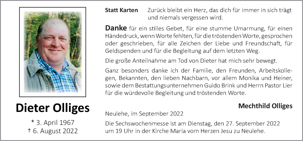  Traueranzeige für Dieter Olliges vom 24.09.2022 aus Neue Osnabrücker Zeitung GmbH & Co. KG