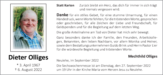 Traueranzeige von Dieter Olliges von Neue Osnabrücker Zeitung GmbH & Co. KG