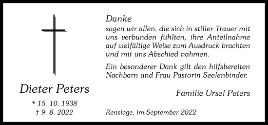 Traueranzeige von Dieter Peters von Neue Osnabrücker Zeitung GmbH & Co. KG