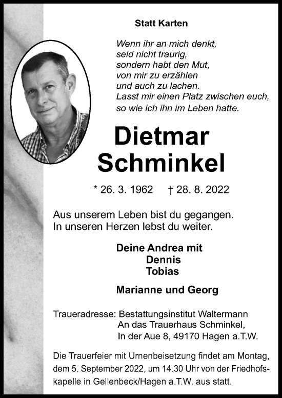 Traueranzeige von Dietmar Schminkel von Neue Osnabrücker Zeitung GmbH & Co. KG