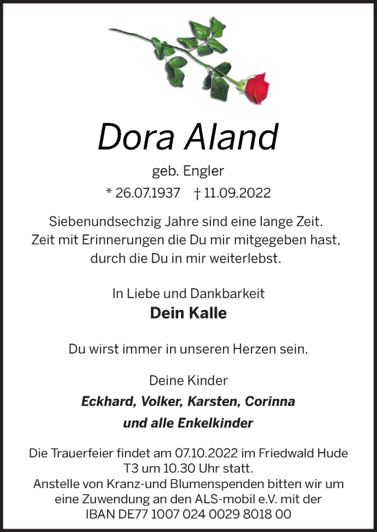 Traueranzeige von Dora Aland von DK Medien GmbH & Co. KG